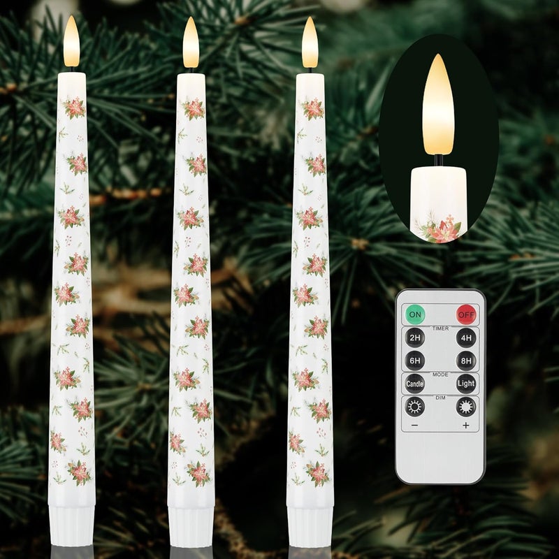 AFINETH Christmas Flameless Taper Candles with Flowers, 9.6"" Real Wax LED Candles with Remote, 3 Pcs Flickering Battery Operated Candles, Xmas Candlesticks for Home, Party Decor, White, MBGL23 - Image 1